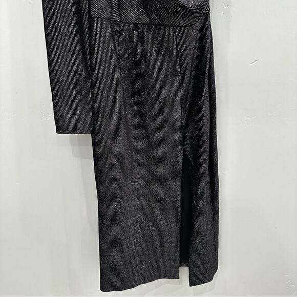 NWT Bronx and Banco Belle One Shoulder Midi Dress. Black with Metallic Thread. - Picture 6 of 11